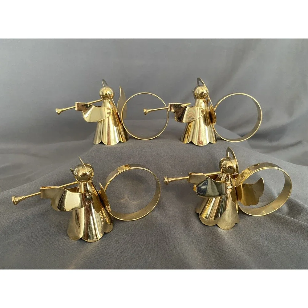 CHRISTMAS ANGEL TRUMPET BRASS GOLD TONE NAPKIN RINGS HOLDERS PLAYING TRUMPET SET